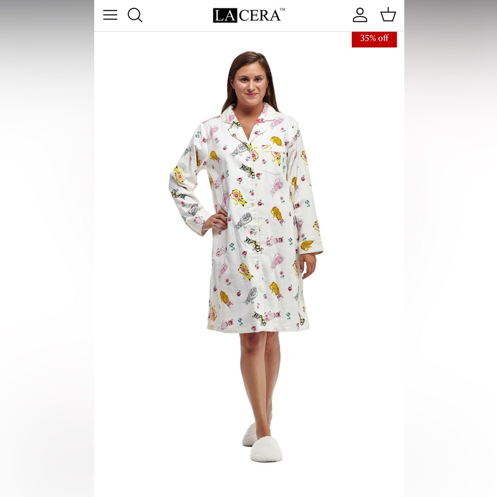 LA CERA Sz L Flannel Cat Print Sleep Shirt
